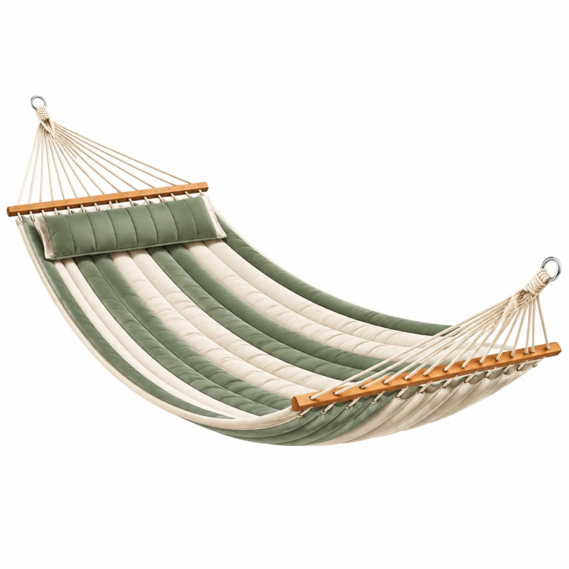 Amaca imbottita 200 x 100 cm in cotone verde e bianco con barre in legno per relax