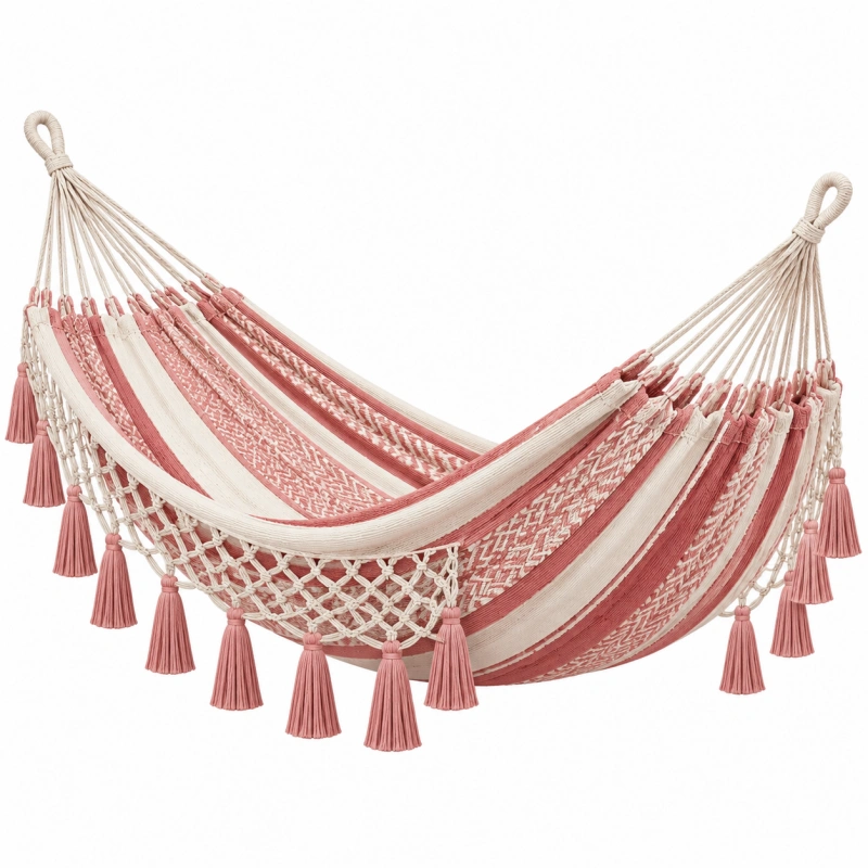 Amaca 200 x 100 cm in cotone rosa e crema con frange stile bohémien