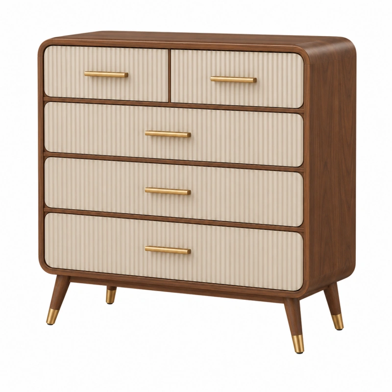 Cassettiera 120 x 45 x 105 cm in legno marrone e beige con 5 cassetti stile retrò