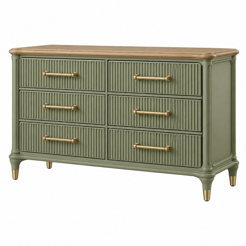Cassettiera 140 x 45 x 85 cm in legno verde salvia con 6 cassetti stile classico