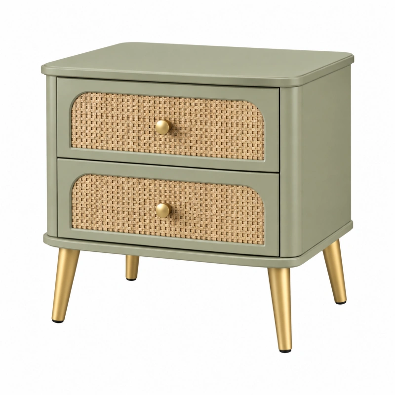 Comodino 50 x 40 x 55 cm verde salvia con cassetti in rattan stile retrò