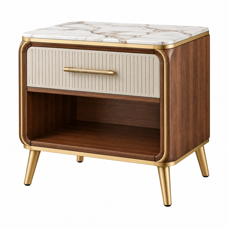 Comodino 60 x 45 x 60 cm in legno marrone con piano effetto marmo e cassetto moderno