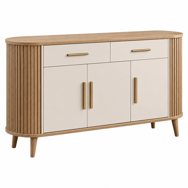 Credenza 160 cm beige e legno con 2 cassetti 3 ante stile moderno