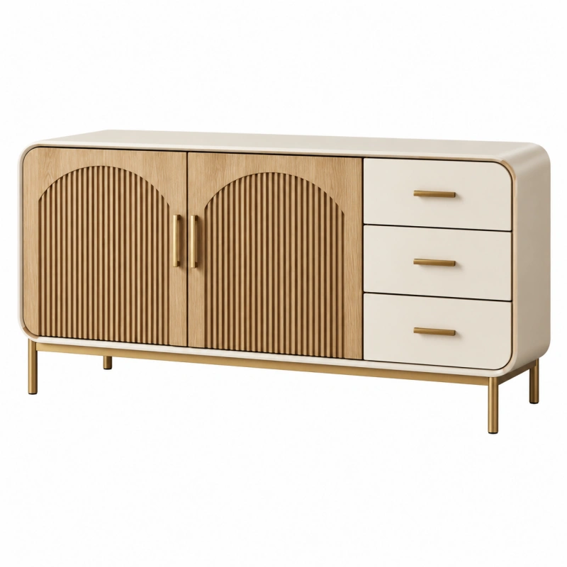 Credenza 120 x 40 x 80 cm in pannelli effetto legno beige e rovere con ante scanalate e cassetti stile moderno