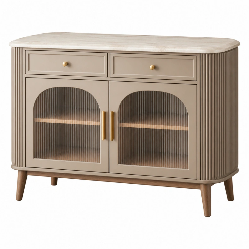 Credenza 120 x 40 x 85 cm in legno beige con vetro rigato - stile moderno