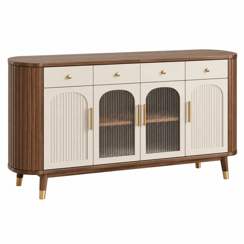 Credenza 160 x 40 x 85 cm in legno marrone e bianco con vetro scanalato - stile moderno