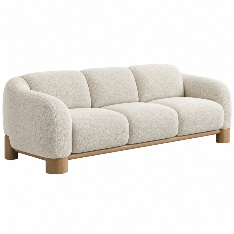Divano 3 posti 220 x 92 x 78 cm in tessuto bouclé crema con base in legno stile moderno