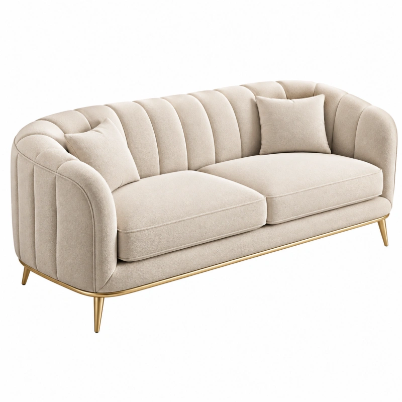 Divano 2 posti 170 cm in tessuto beige con base in metallo dorato stile moderno