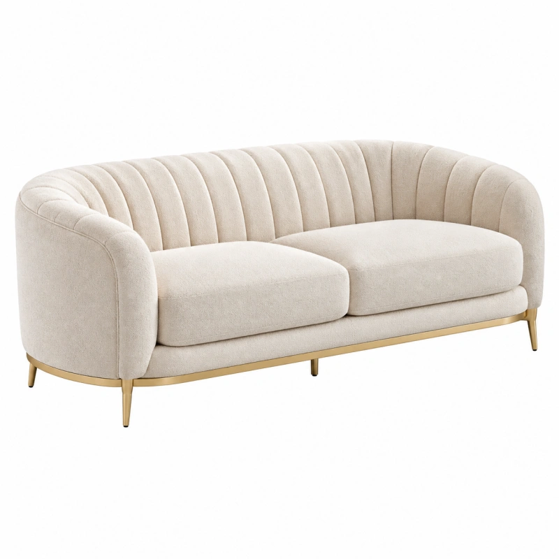 Divano 2 posti 180 x 85 x 78 cm in tessuto beige con schienale scanalato e base dorata