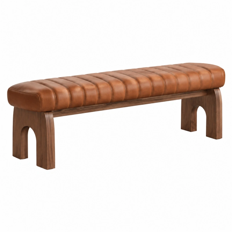 Panca 140 cm in legno noce con seduta effetto pelle marrone - imbottita stile moderno