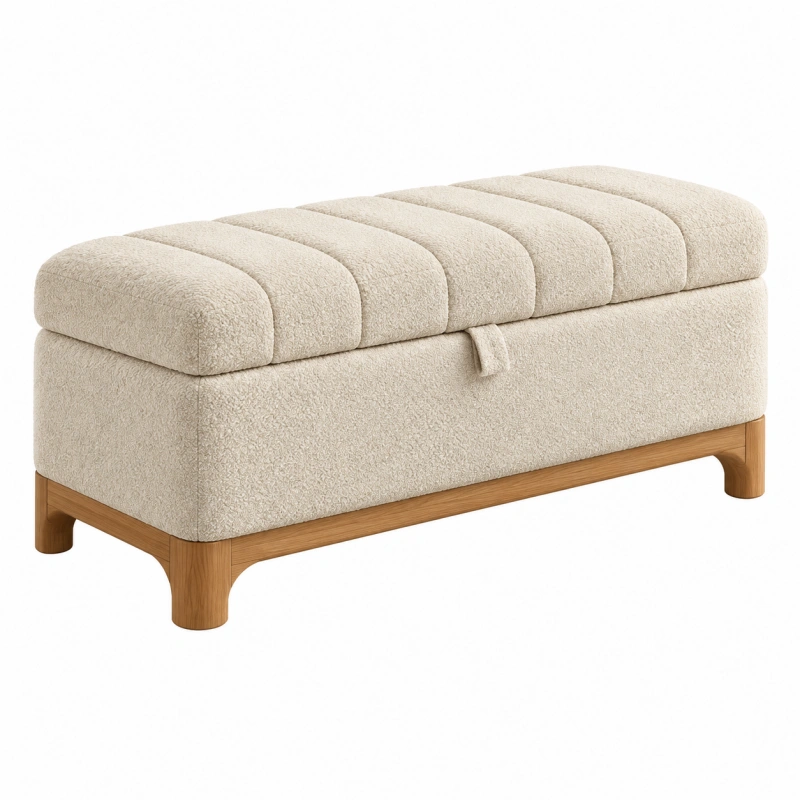 Panca contenitore 120 x 45 x 48 cm in tessuto bouclé beige con base in legno - stile moderno