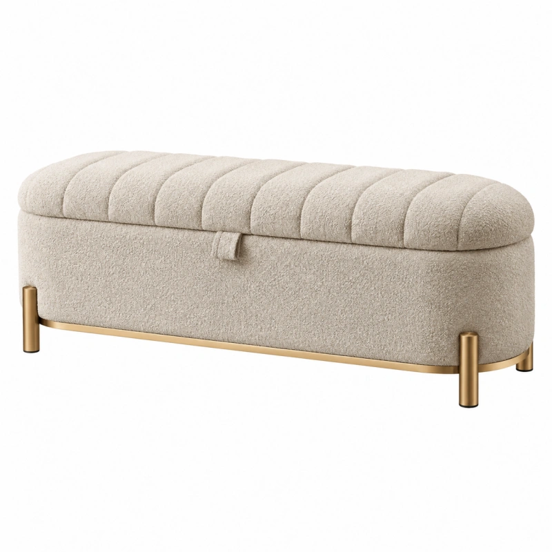 Panca contenitore 120 x 45 x 48 cm in tessuto bouclé beige con struttura in metallo dorato