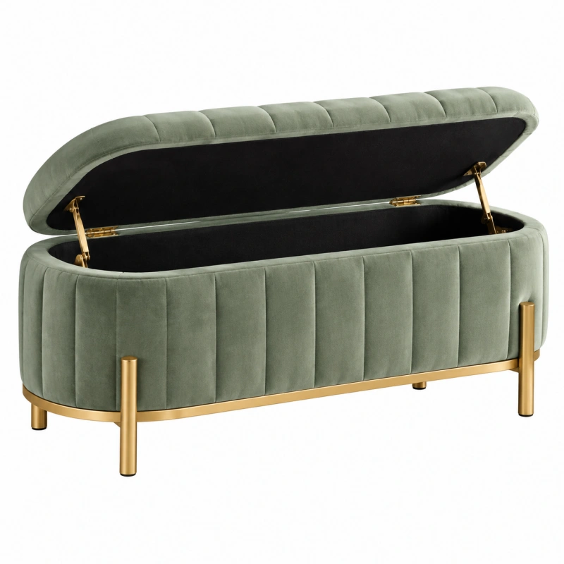 Panca contenitore 120 x 45 x 50 cm in velluto verde salvia con struttura in metallo dorato - stile moderno