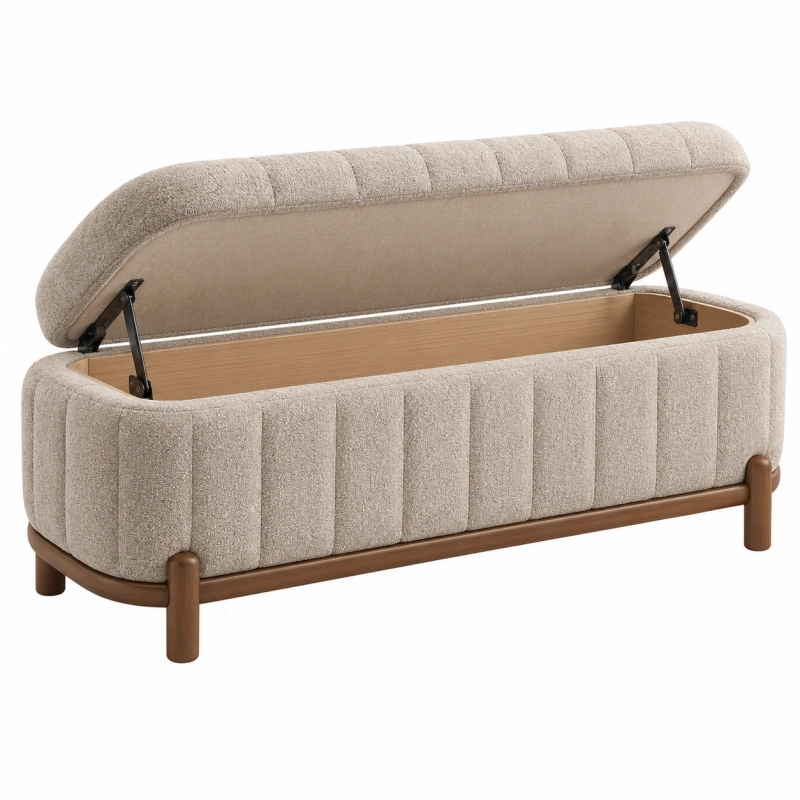 Panca contenitore 120 x 45 x 55 cm in tessuto bouclé beige con struttura in legno stile moderno