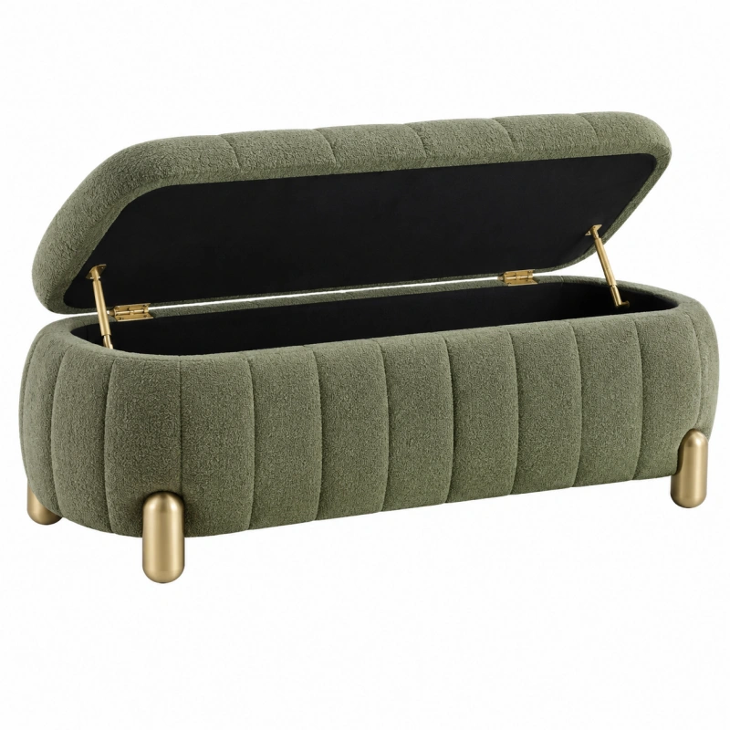 Panca contenitore 100 x 40 x 45 cm in tessuto bouclé verde con gambe dorate - stile moderno
