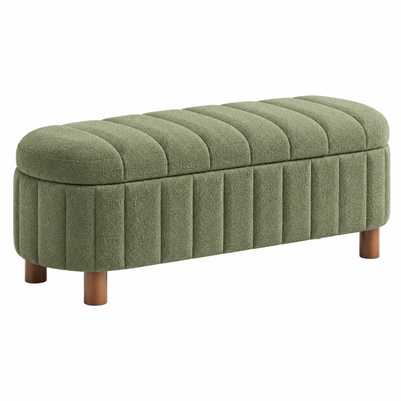 Panca contenitore 120 x 45 x 45 cm in tessuto bouclé verde salvia con gambe in legno