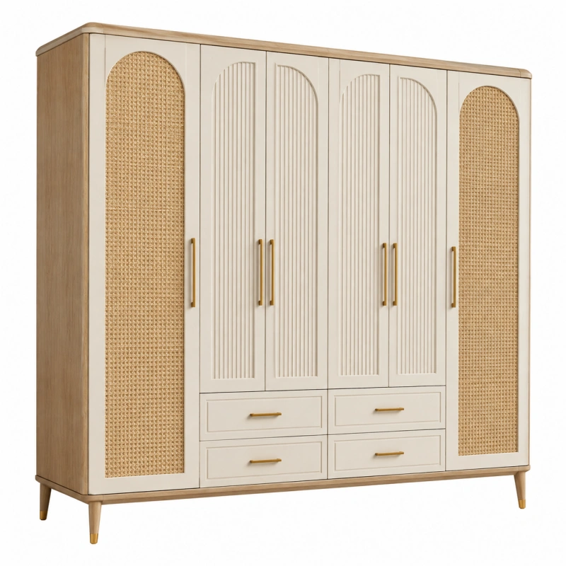 Armadio 200 x 55 x 200 cm in legno beige e rattan con 6 ante e 4 cassetti