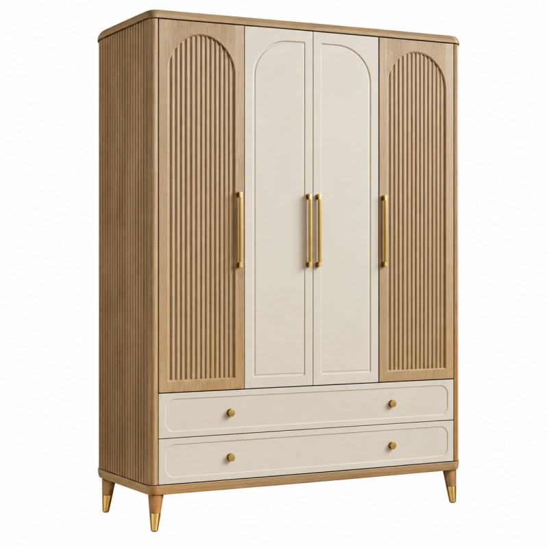 Armadio guardaroba 120 x 55 x 190 cm in legno beige e naturale con 4 ante e 2 cassetti stile moderno