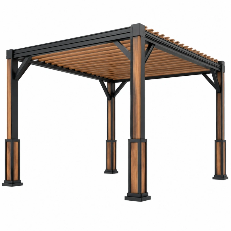 Pergola da giardino 300 x 300 x 230 cm in metallo nero e legno con tetto a listelli