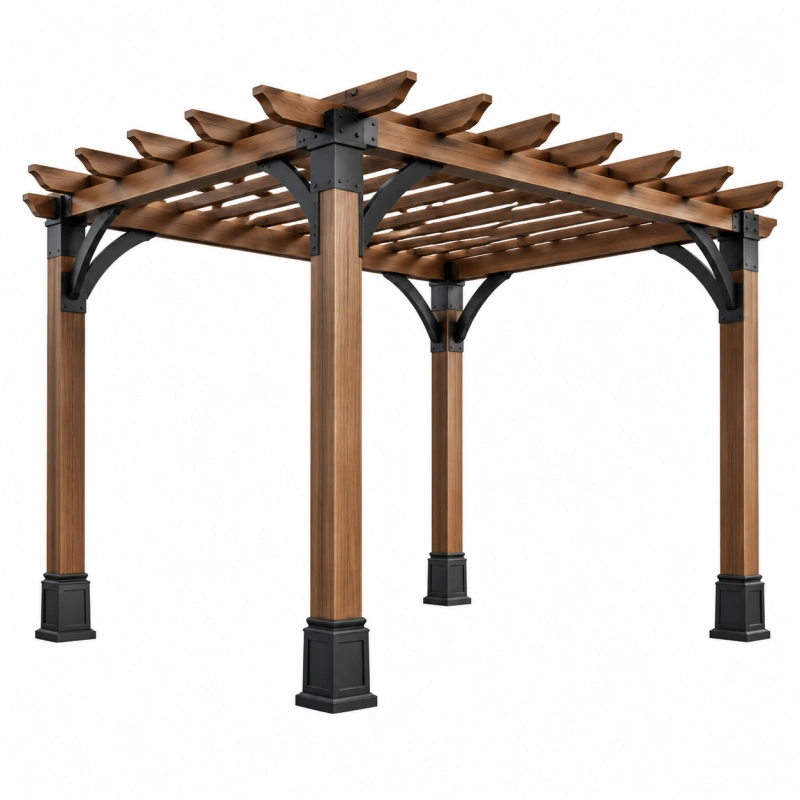 Pergola da giardino 300 x 300 x 240 cm in legno marrone con staffe nere - struttura a doghe