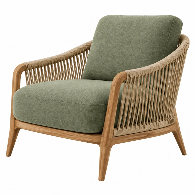 Poltrona 75 x 80 x 82 cm in legno e corda beige con seduta imbottita verde stile naturale