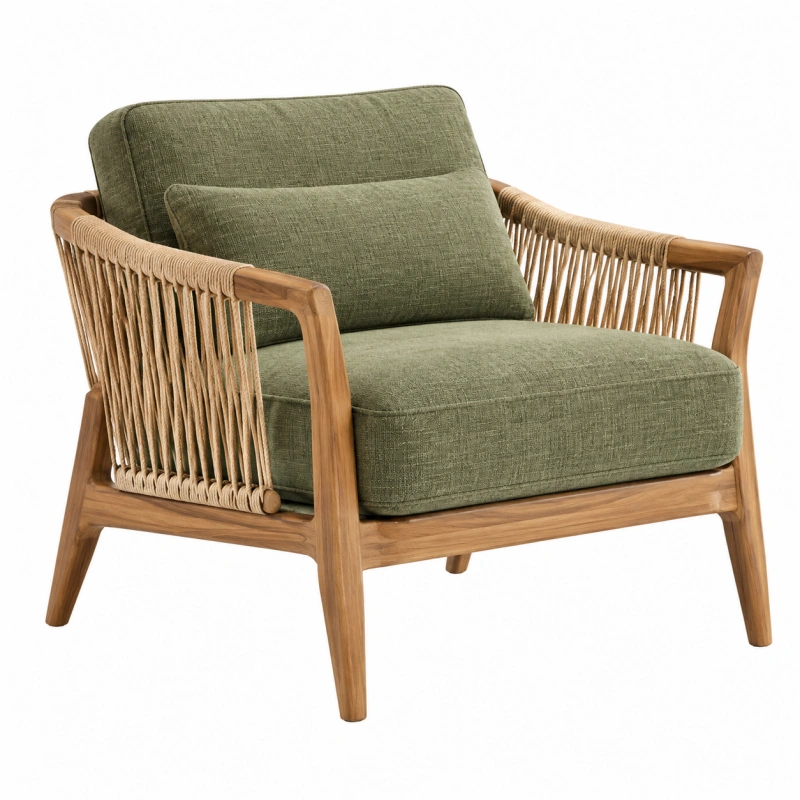 Poltrona 78 x 75 x 82 cm in legno e corda con rivestimento verde oliva stile naturale