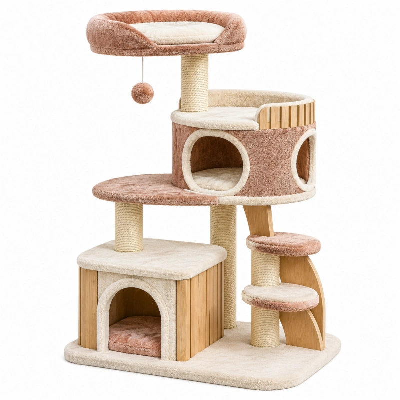 Tiragraffi per gatti 60 x 50 x 130 cm in peluche beige e rosa con pali in sisal e cucce