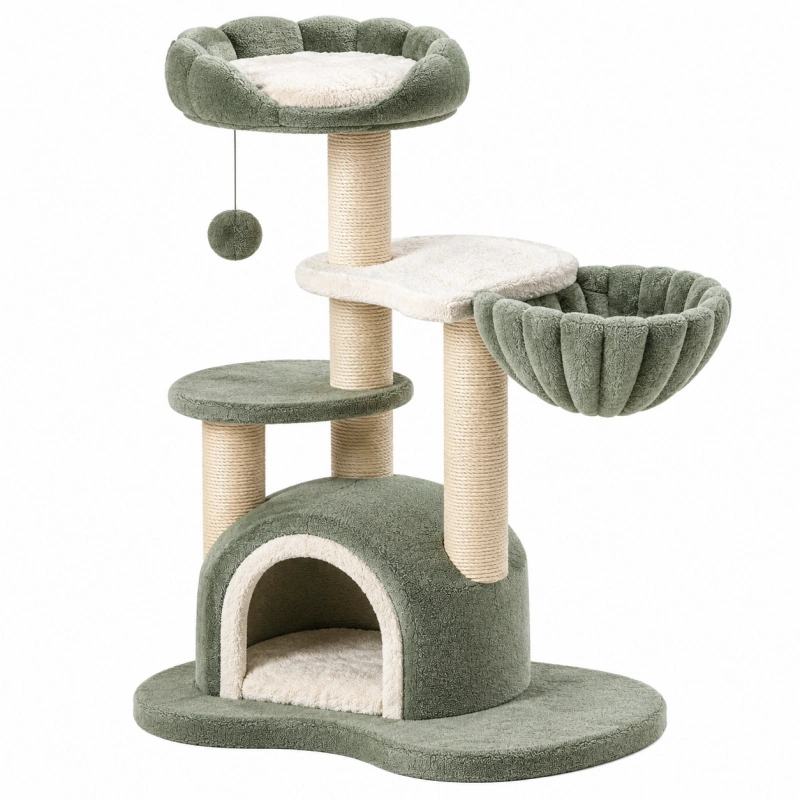 Tiragraffi per gatti 60 x 50 x 120 cm in sisal e peluche verde salvia - con cuccia piattaforme e pallina sospesa