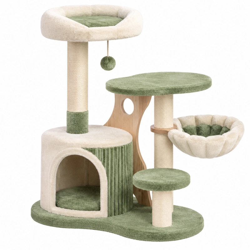 Albero tiragraffi per gatti 60 x 50 x 110 cm in sisal e peluche beige verde con cuccia e piattaforme